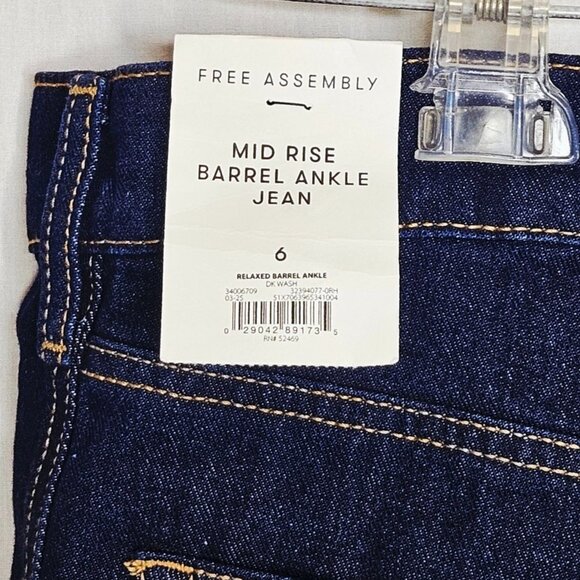 Free Assembly Women's Mid Rise Barrel Leg Jeans Dark Wash Blue Denim Size 6 - Picture 6 of 7